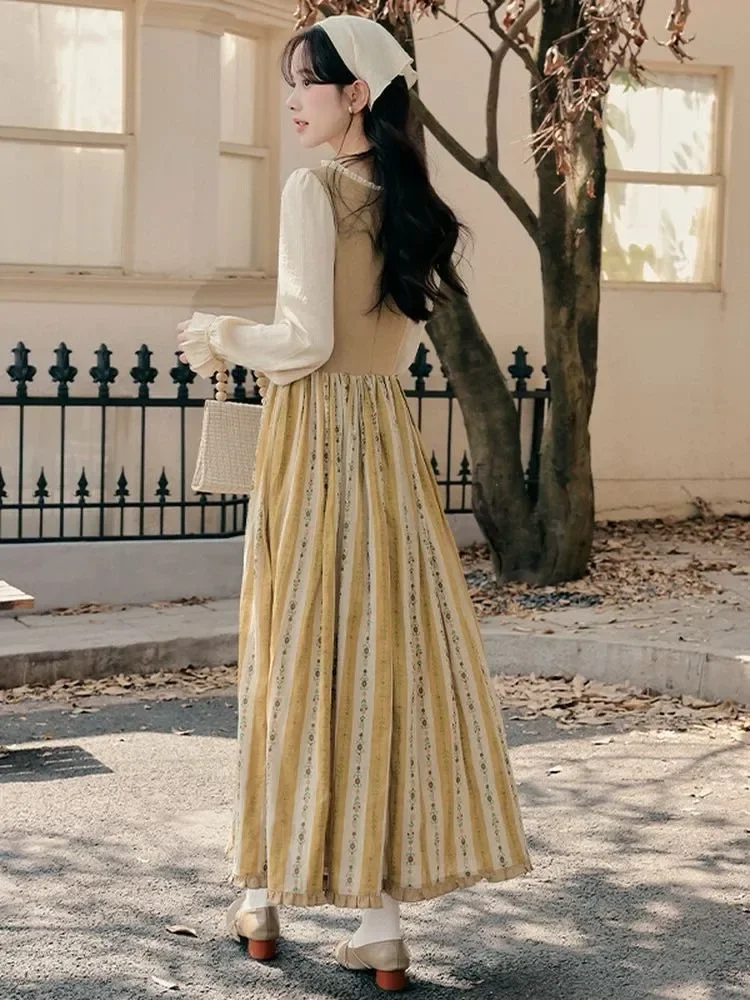 CHICMORE Gaun maxi lengan panjang gaya klasik feminine korean style