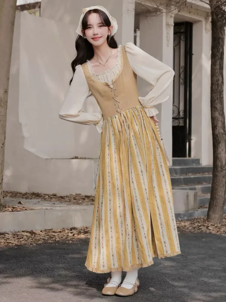 CHICMORE Gaun maxi lengan panjang gaya klasik feminine korean style