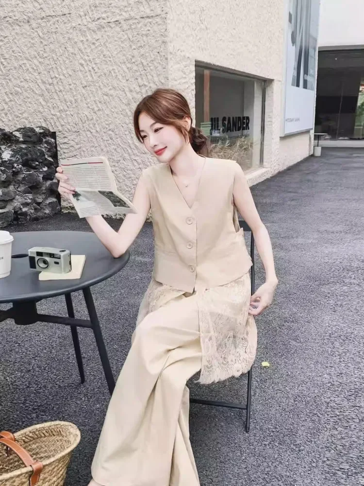 CHICMORE Setelan atasan tanpa lengan + celana panjang dengan gaya kasual untuk wanita