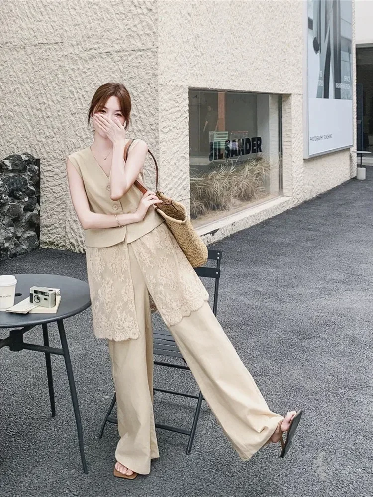 CHICMORE Setelan atasan tanpa lengan + celana panjang dengan gaya kasual untuk wanita