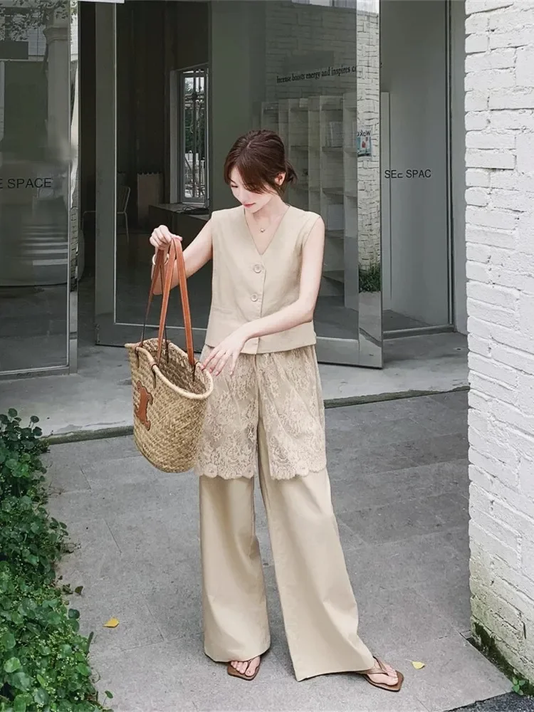 CHICMORE Setelan atasan tanpa lengan + celana panjang dengan gaya kasual untuk wanita