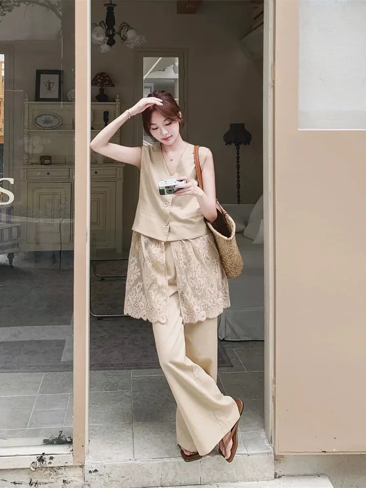 CHICMORE Setelan atasan tanpa lengan + celana panjang dengan gaya kasual untuk wanita