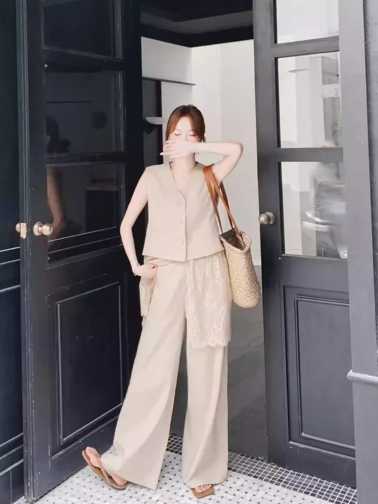 CHICMORE Setelan atasan tanpa lengan + celana panjang dengan gaya kasual untuk wanita