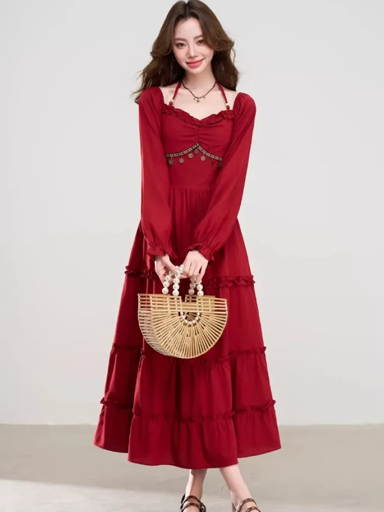 [DISKON KILAT]CHICMORE Gaun merah gaya bohemian ramping elegan untuk wanita