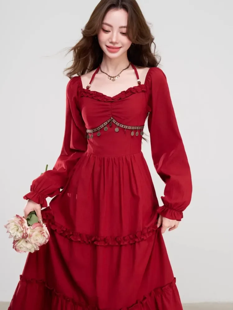 [DISKON KILAT]CHICMORE Gaun merah gaya bohemian ramping elegan untuk wanita