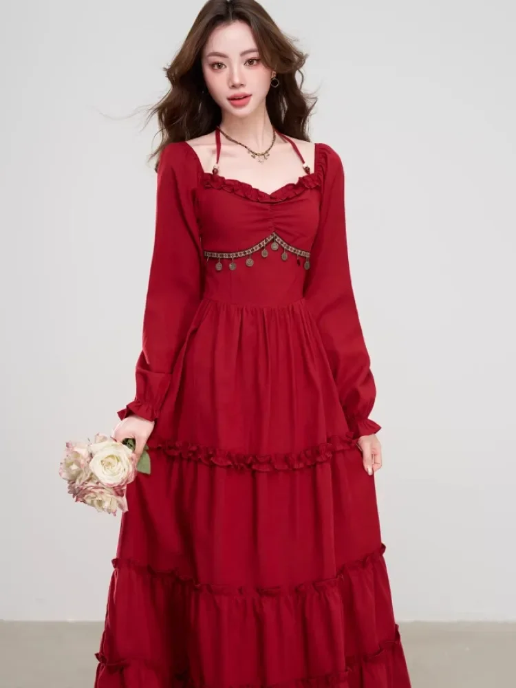 [DISKON KILAT]CHICMORE Gaun merah gaya bohemian ramping elegan untuk wanita