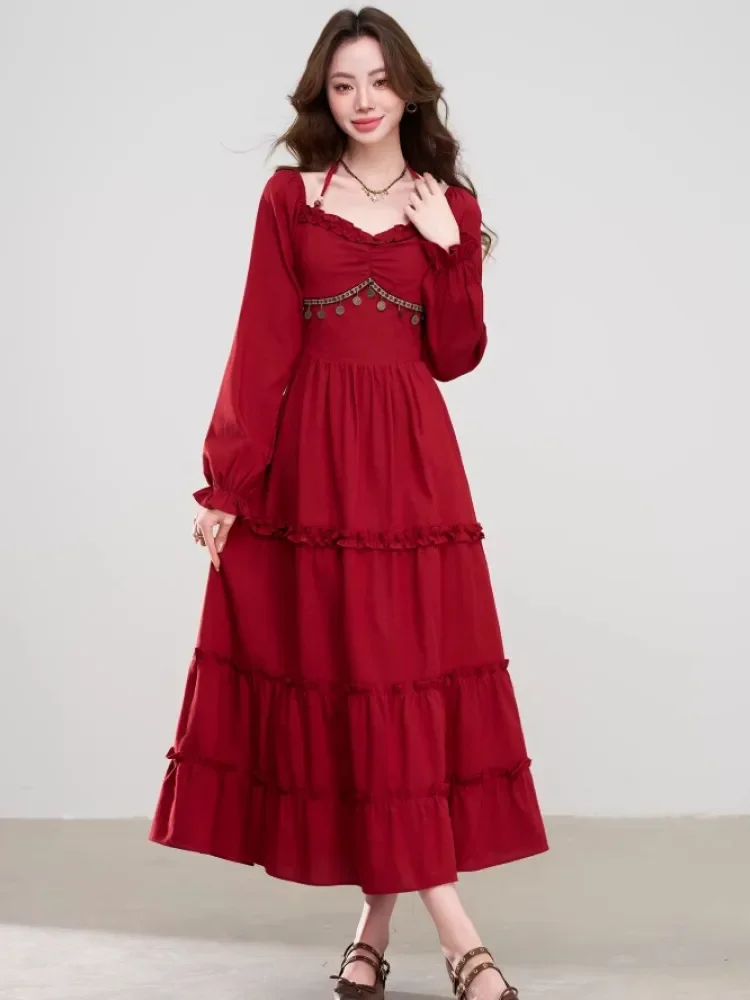 [DISKON KILAT]CHICMORE Gaun merah gaya bohemian ramping elegan untuk wanita