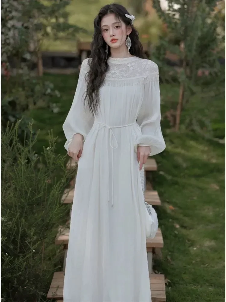 [NEW]CHICMORE Gaun wanita dengan kerah leher bulat lengan panjang model a-line gaya manis