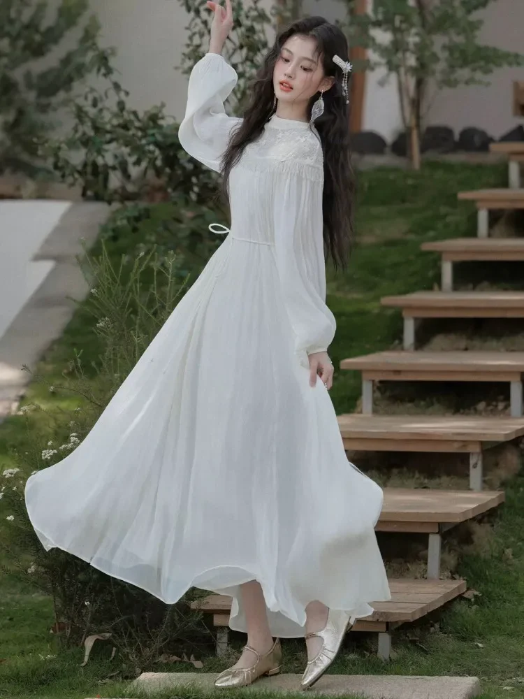 [NEW]CHICMORE Gaun wanita dengan kerah leher bulat lengan panjang model a-line gaya manis