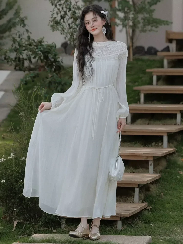 [NEW]CHICMORE Gaun wanita dengan kerah leher bulat lengan panjang model a-line gaya manis