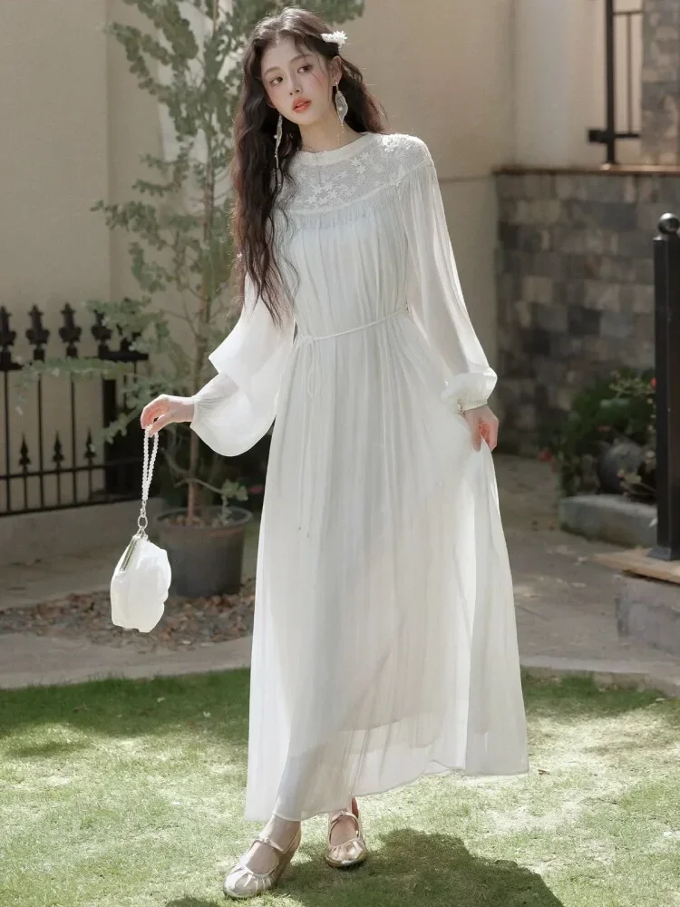 [NEW]CHICMORE Gaun wanita dengan kerah leher bulat lengan panjang model a-line gaya manis