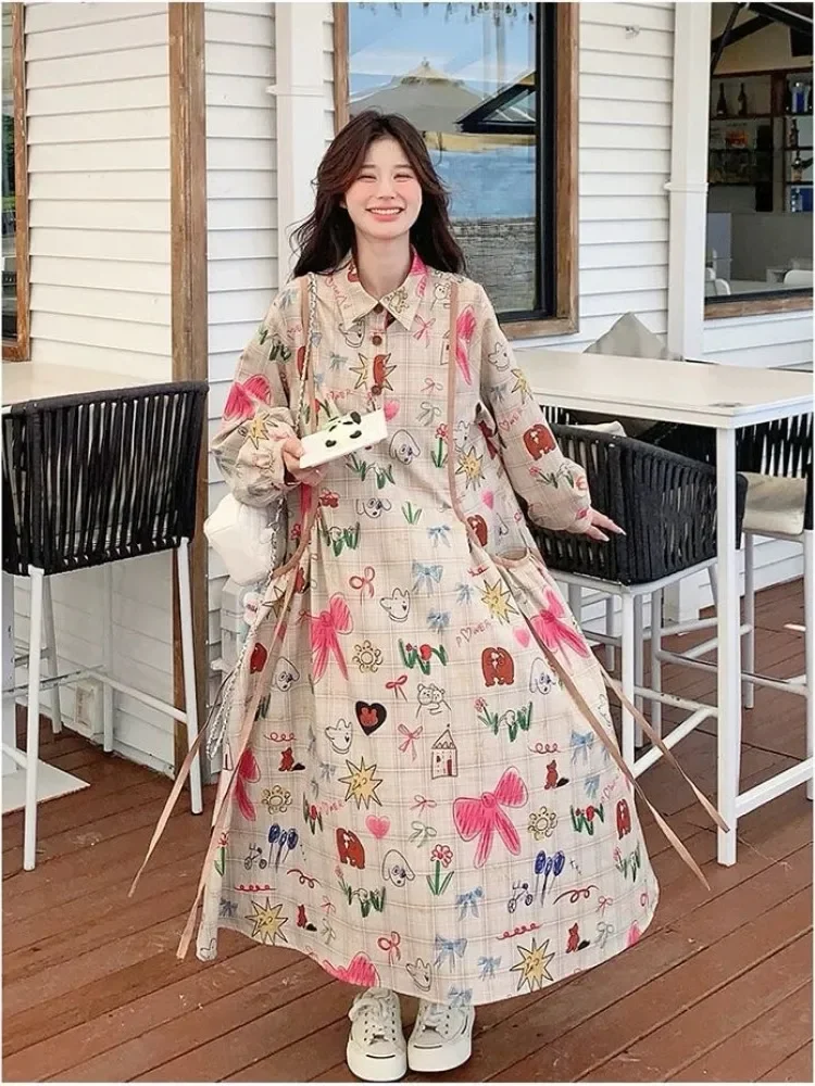 CHICMORE Gaun maxi kancing setengah kerah polo motif cetak gaya retro