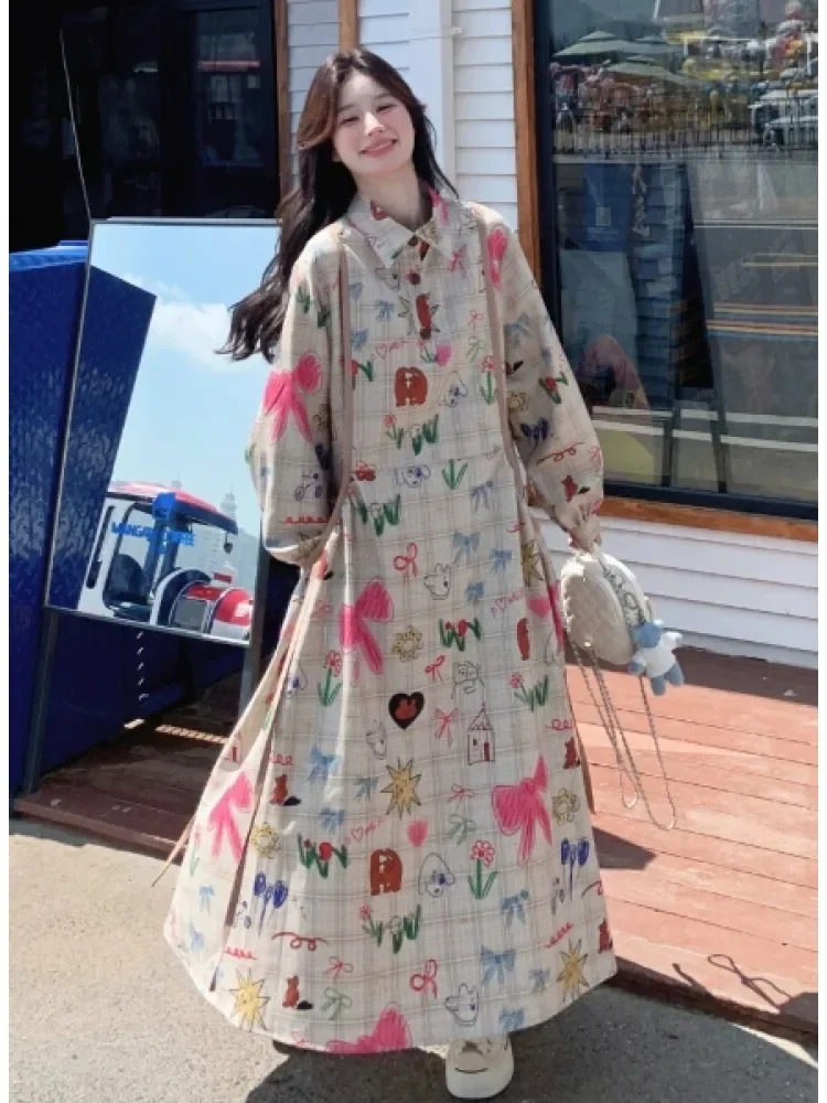 CHICMORE Gaun maxi kancing setengah kerah polo motif cetak gaya retro