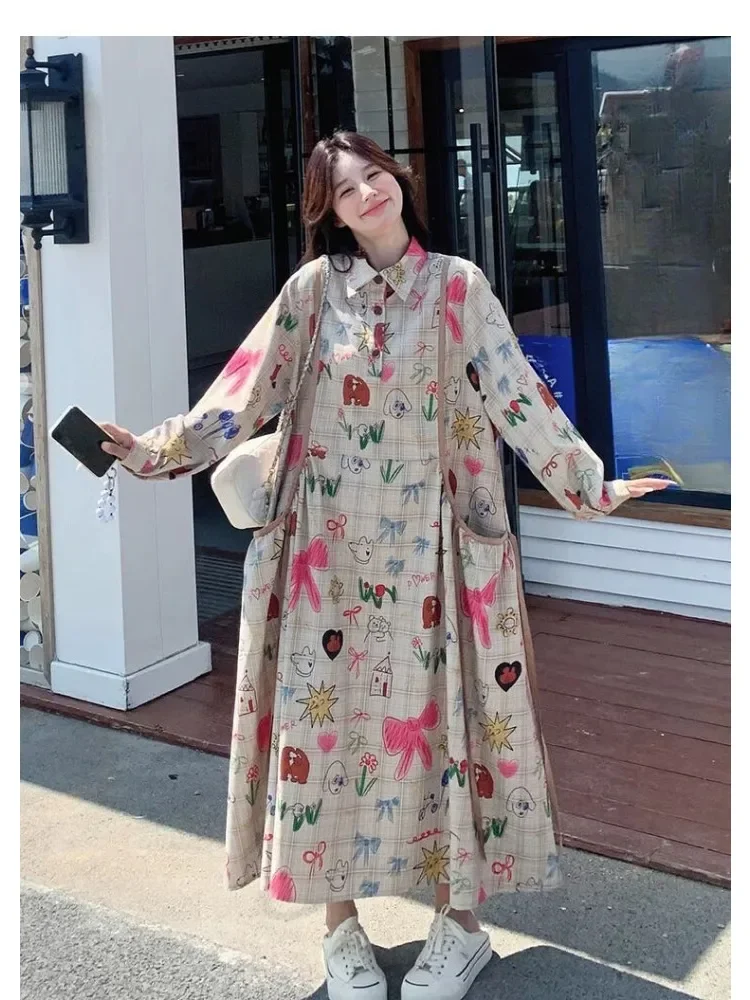 CHICMORE Gaun maxi kancing setengah kerah polo motif cetak gaya retro