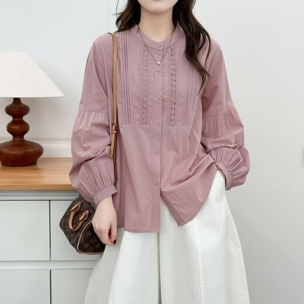 CHICMORE Kemeja wanita lengan panjang dengan kancing baris aktif warna solid minimalis