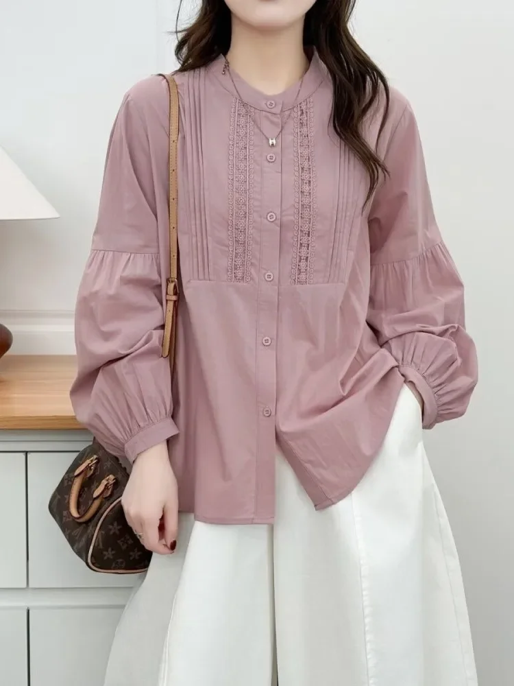 CHICMORE Kemeja wanita lengan panjang dengan kancing baris aktif warna solid minimalis