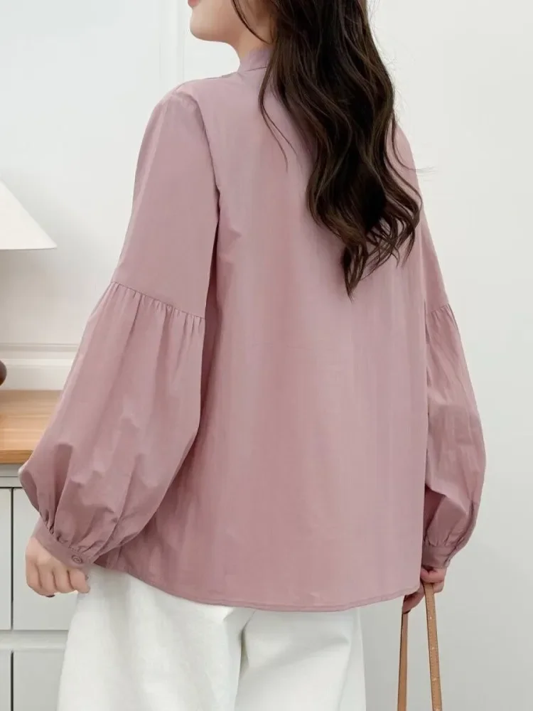 CHICMORE Kemeja wanita lengan panjang dengan kancing baris aktif warna solid minimalis