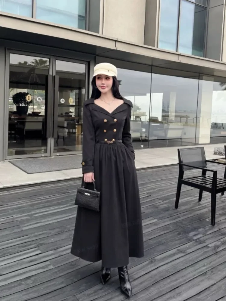 CHICMORE Gaun panjang gaya hepburn elegan lengan panjang pinggang ramping untuk wanita
