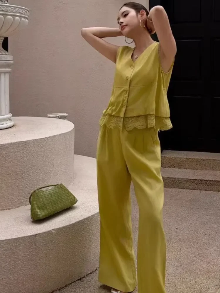 CHICMORE Setelan wanita dua potong rompi gaya korea dan celana panjang