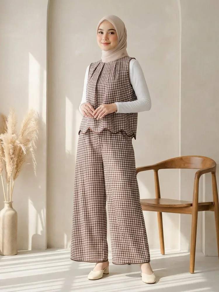 [READY STOCK]CHICMORE Setelan dua potong motif kotak kotak warna kontras celana pinggang ramping