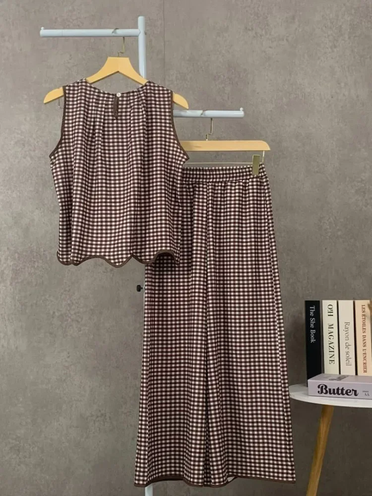 [READY STOCK]CHICMORE Setelan dua potong motif kotak kotak warna kontras celana pinggang ramping