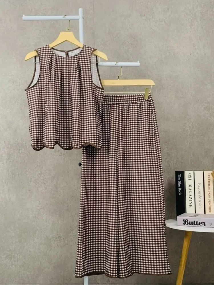 [READY STOCK]CHICMORE Setelan dua potong motif kotak kotak warna kontras celana pinggang ramping