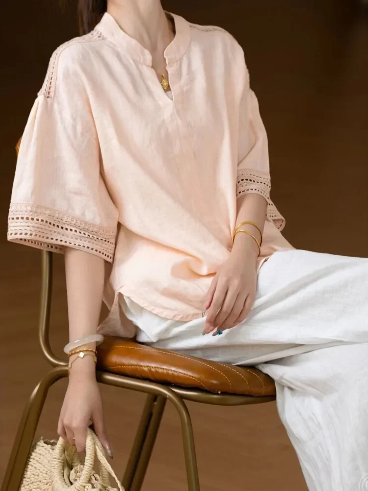 [READY STOCK]CHICMORE Blouse wanita kelas atas dengan kerah notched berlengan pendek warna solid