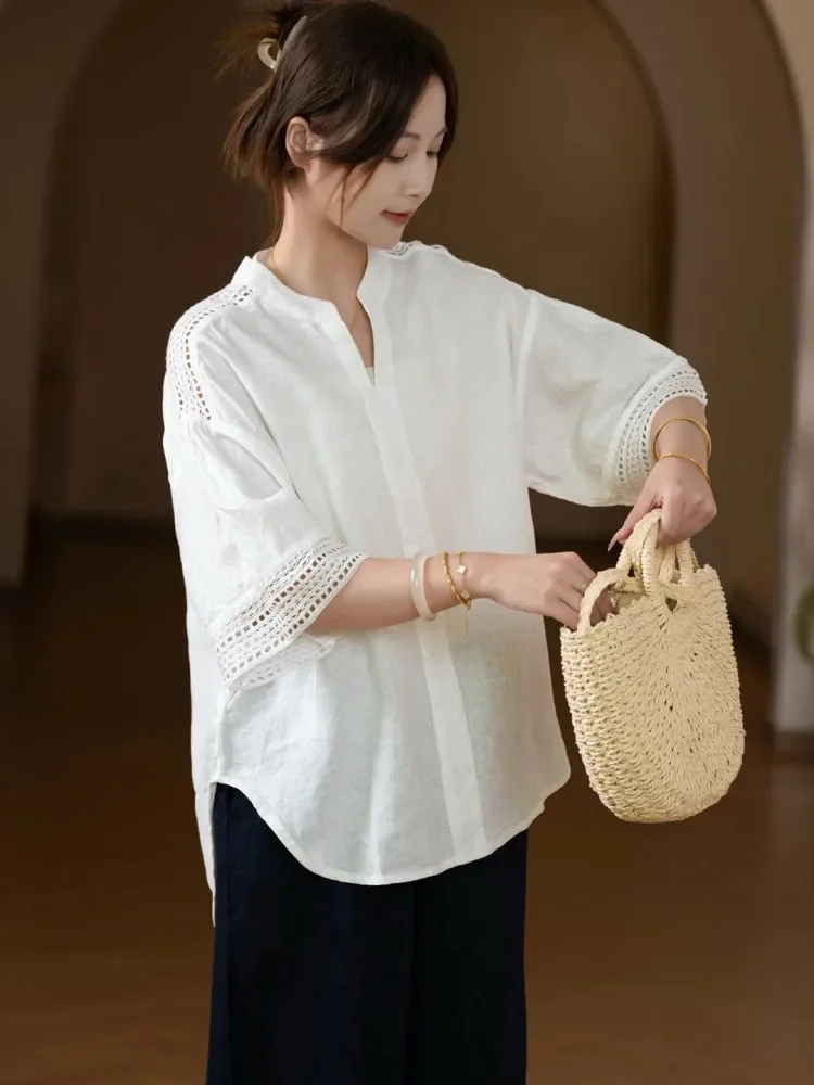 [READY STOCK]CHICMORE Blouse wanita kelas atas dengan kerah notched berlengan pendek warna solid
