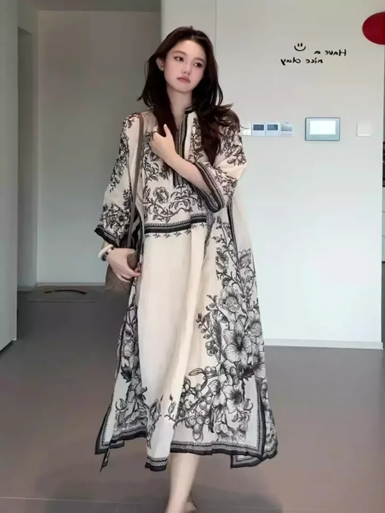 CHICMORE Gaun maxi lengan panjang model a line gaya kasual untuk wanita kerah bulat