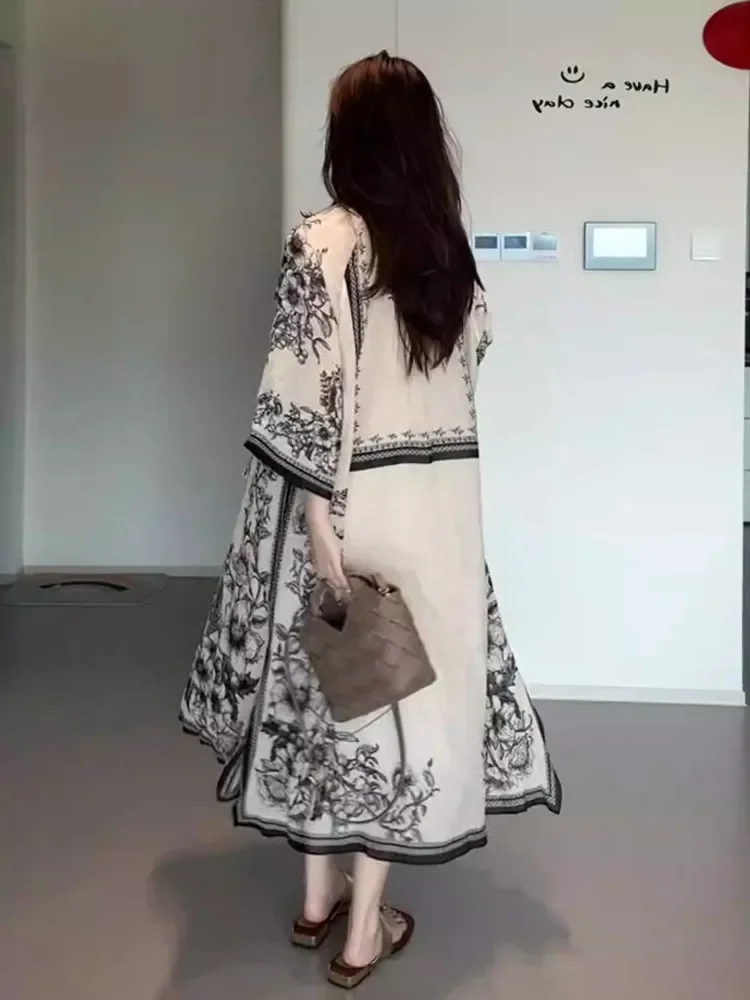 CHICMORE Gaun maxi lengan panjang model a line gaya kasual untuk wanita kerah bulat