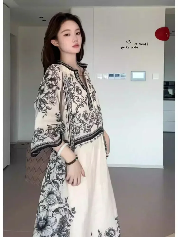 CHICMORE Gaun maxi lengan panjang model a line gaya kasual untuk wanita kerah bulat