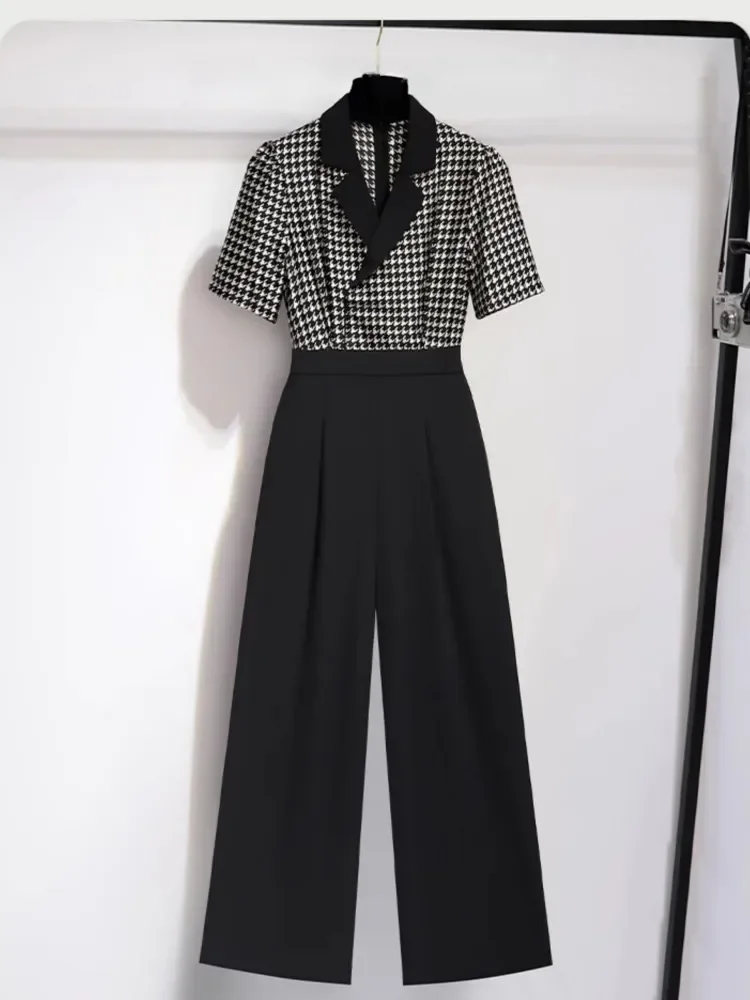 FADFAD Jumpsuit wanita desain motif kotak-kotak kontras berlengan pendek