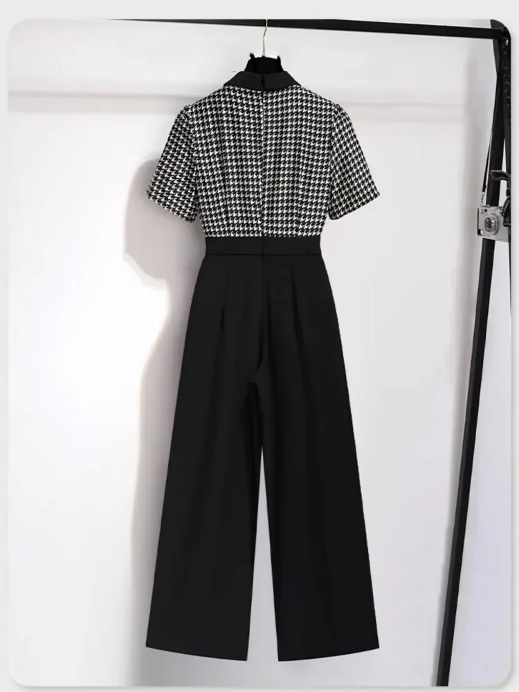 FADFAD Jumpsuit wanita desain motif kotak-kotak kontras berlengan pendek