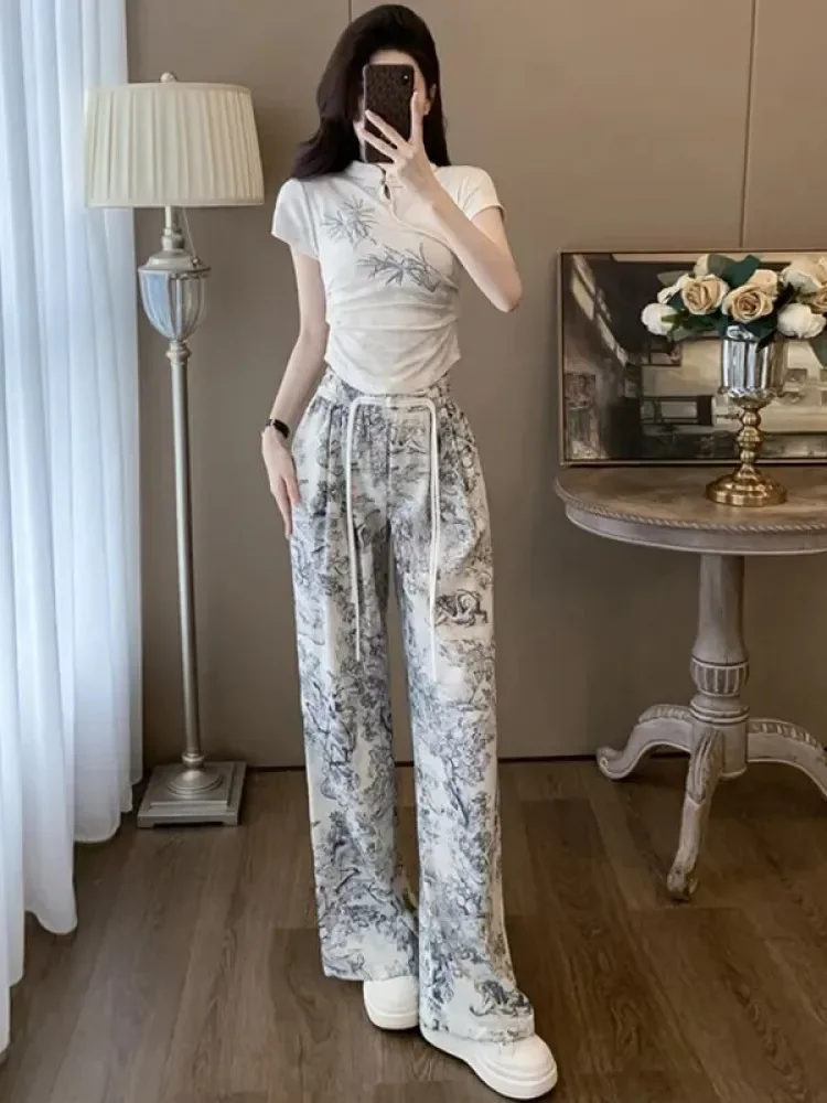 [NEW]FADFAD Setelan wanita atasan lengan pendek minimalis dan celana panjang high waist motif cetak