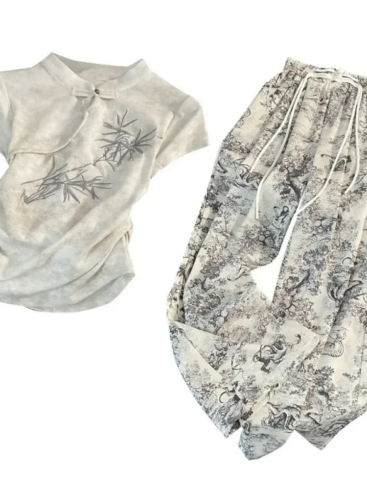 [NEW]FADFAD Setelan wanita atasan lengan pendek minimalis dan celana panjang high waist motif cetak