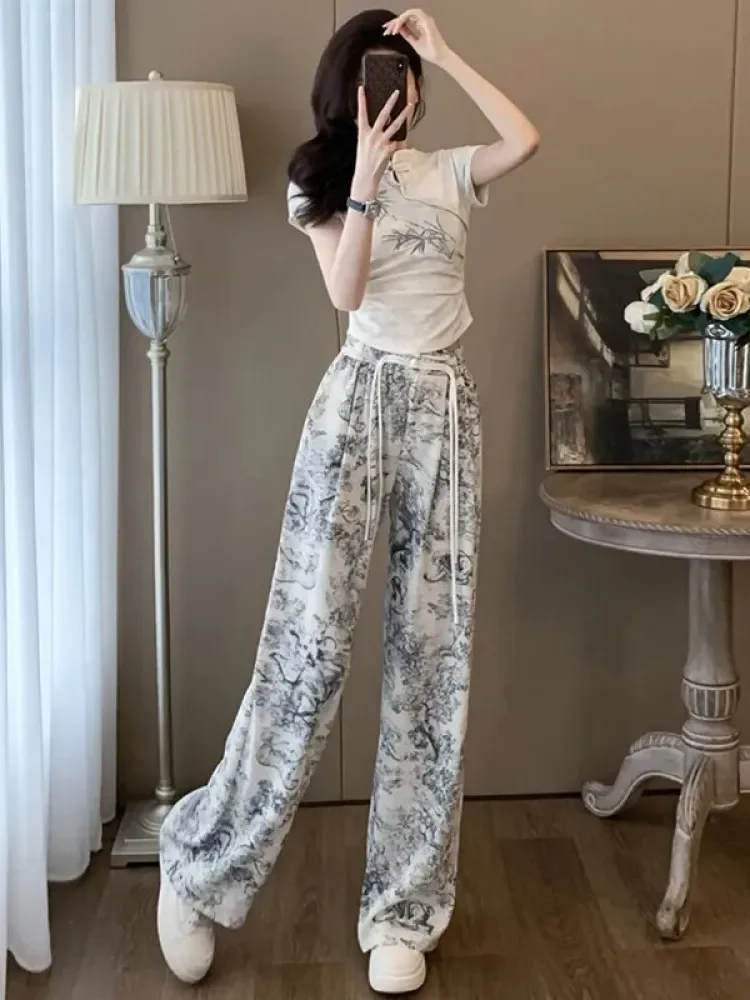 [NEW]FADFAD Setelan wanita atasan lengan pendek minimalis dan celana panjang high waist motif cetak