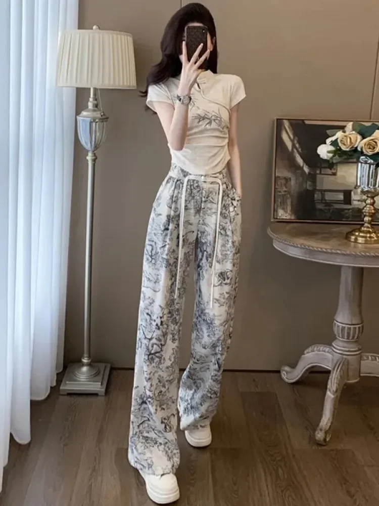 [NEW]FADFAD Setelan wanita atasan lengan pendek minimalis dan celana panjang high waist motif cetak