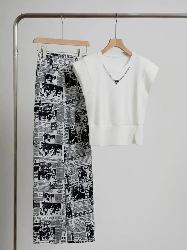 [NEW]FADFAD Setelan wanita dua potong atasan blouse tanpa lengan dan celana panjang longgar motif cetak