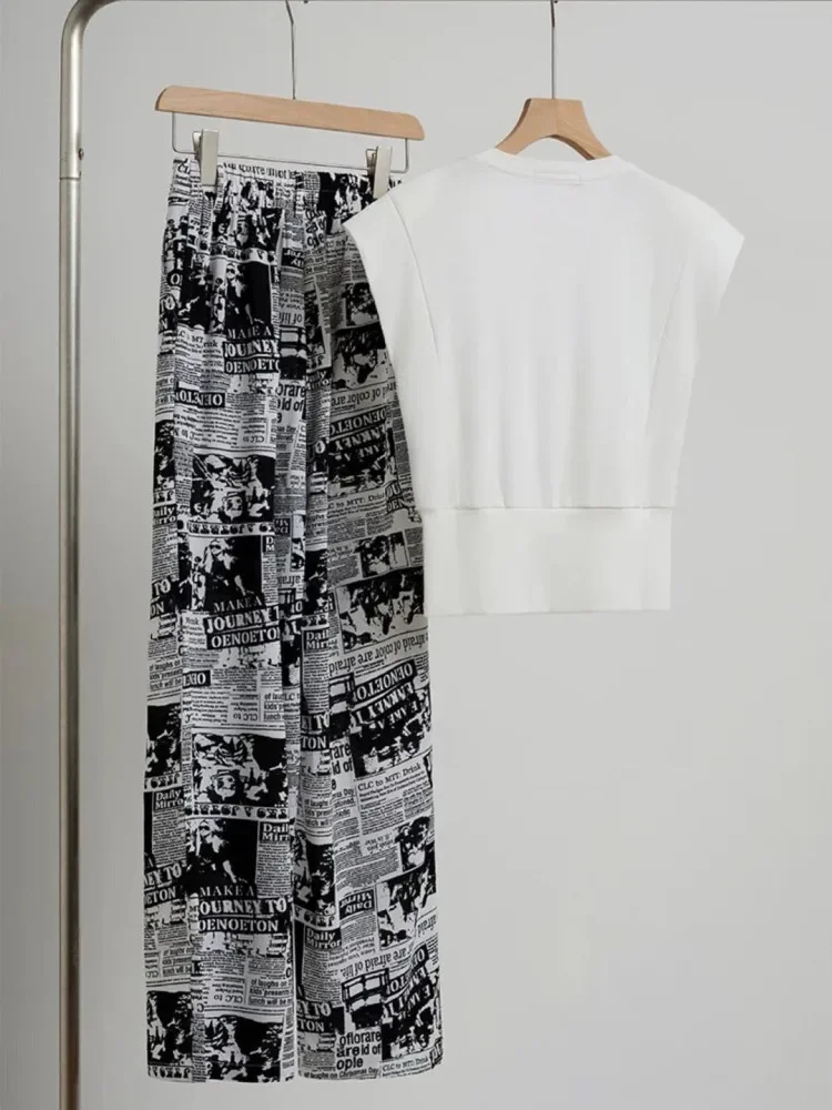 [NEW]FADFAD Setelan wanita dua potong atasan blouse tanpa lengan dan celana panjang longgar motif cetak