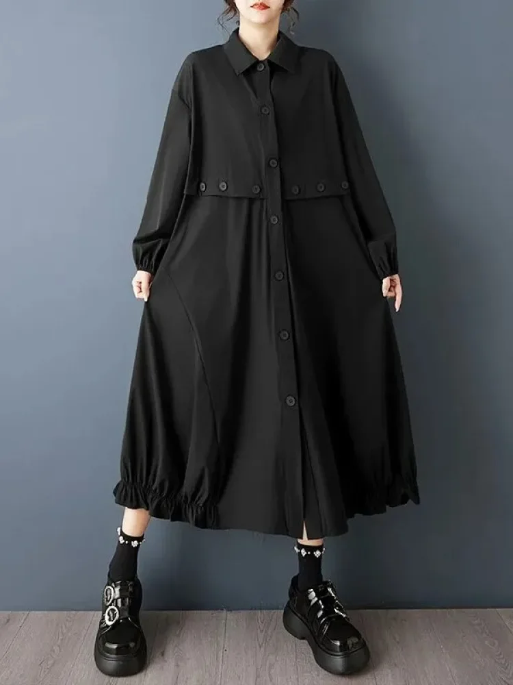 FADFAD Gaun rok midi lengan panjang model kerah polo dan kancing sebaris