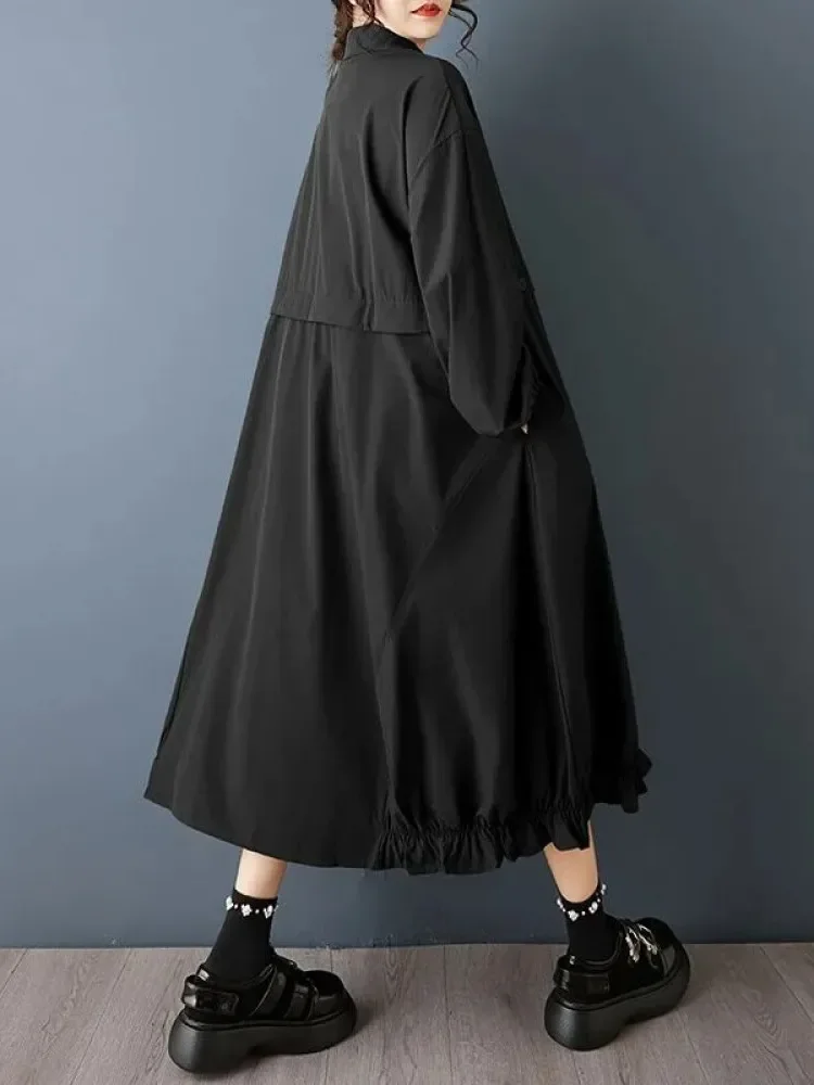 FADFAD Gaun rok midi lengan panjang model kerah polo dan kancing sebaris