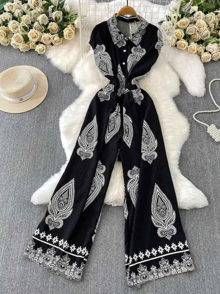 [READY STOCK]FADFAD Jumpsuit pakaian wanita warna hitam solid motif cetak gaya retro