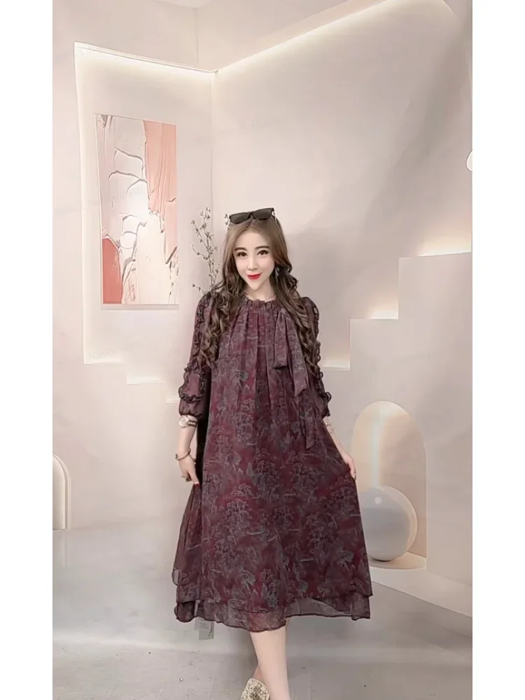 FADFAD Gaun motif manis lengan panjang rok maxi modis