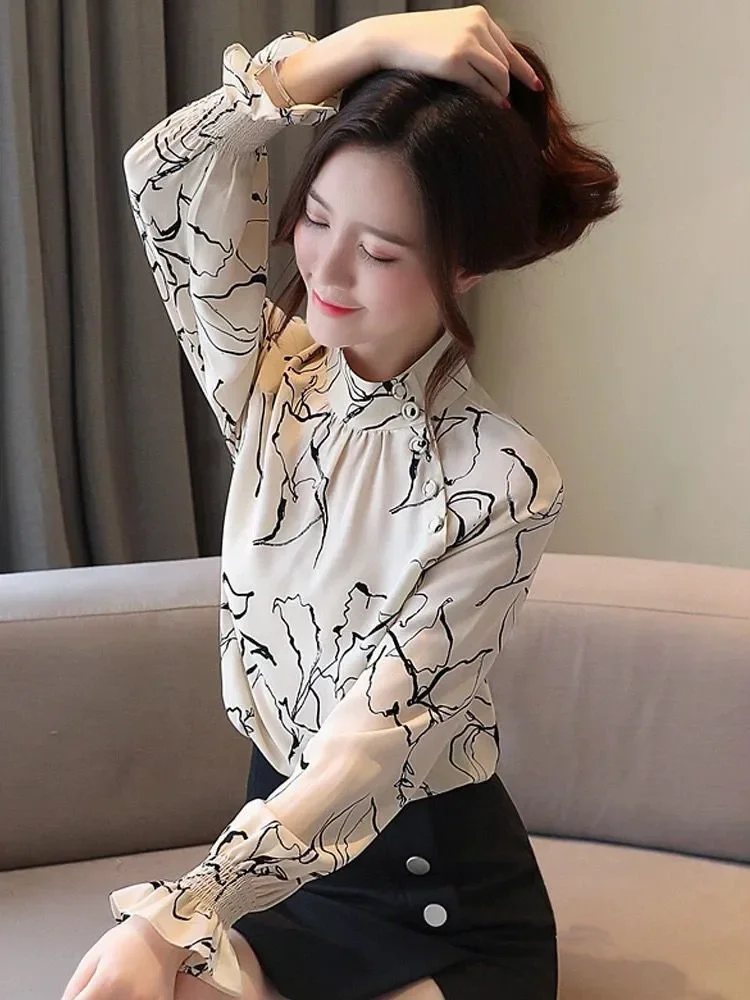 FADFAD Atasan kemeja lengan panjang motif cetak elegan dan variasi kancing unik
