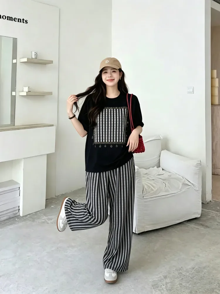 FADFAD Setelan atasan lengan pendek + celana panjang dengan gaya modis untuk wanita