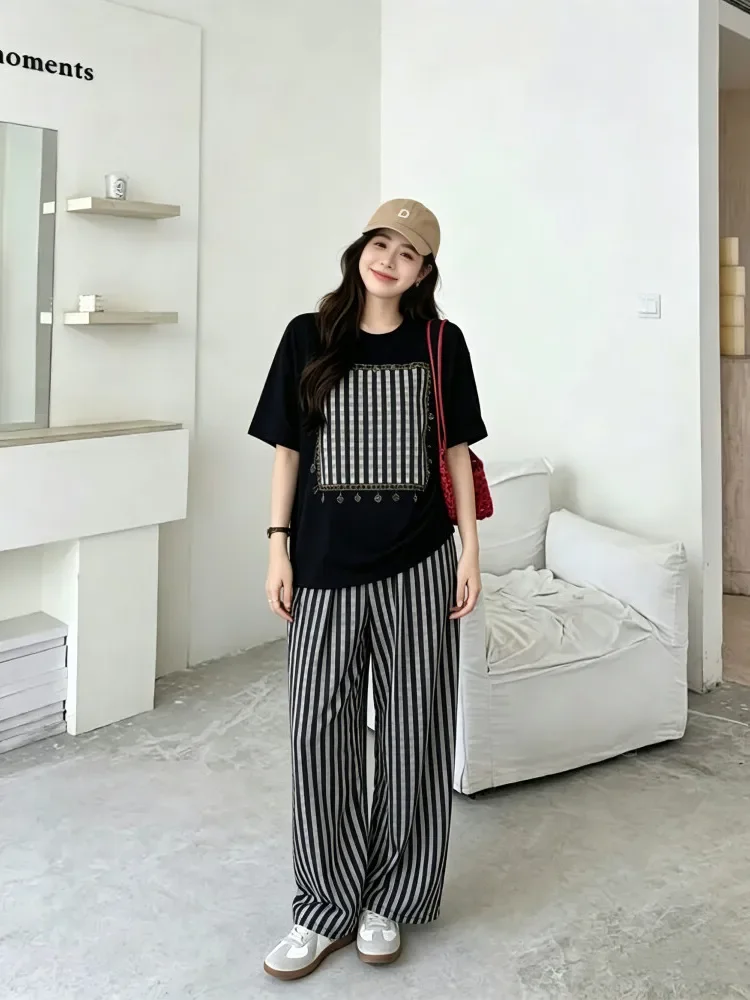 FADFAD Setelan atasan lengan pendek + celana panjang dengan gaya modis untuk wanita