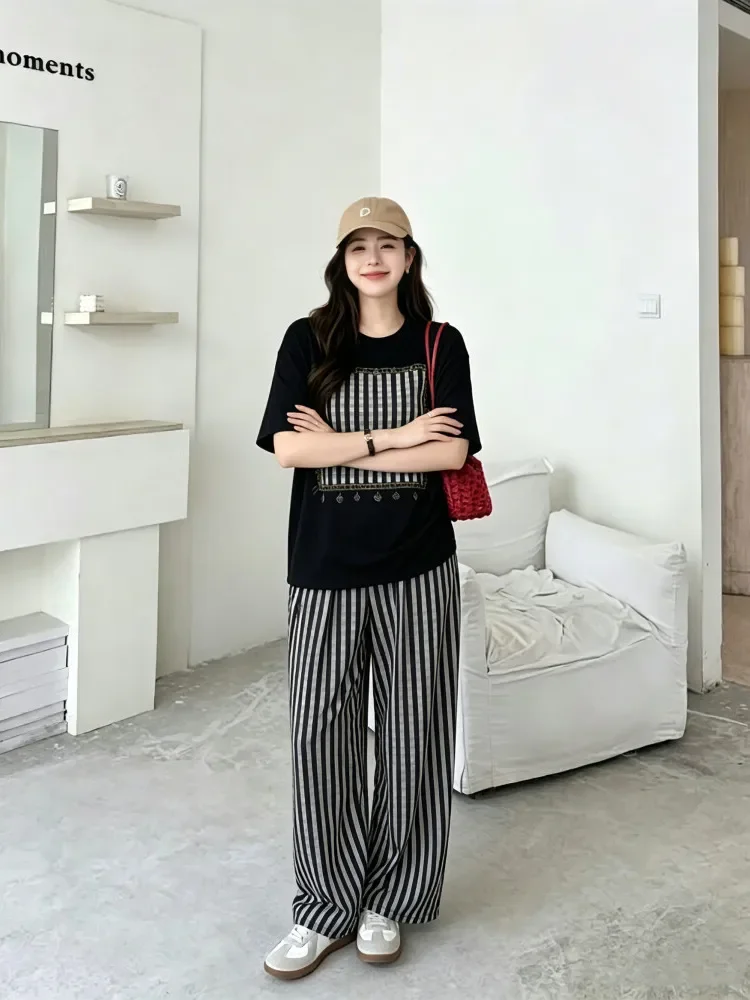 FADFAD Setelan atasan lengan pendek + celana panjang dengan gaya modis untuk wanita