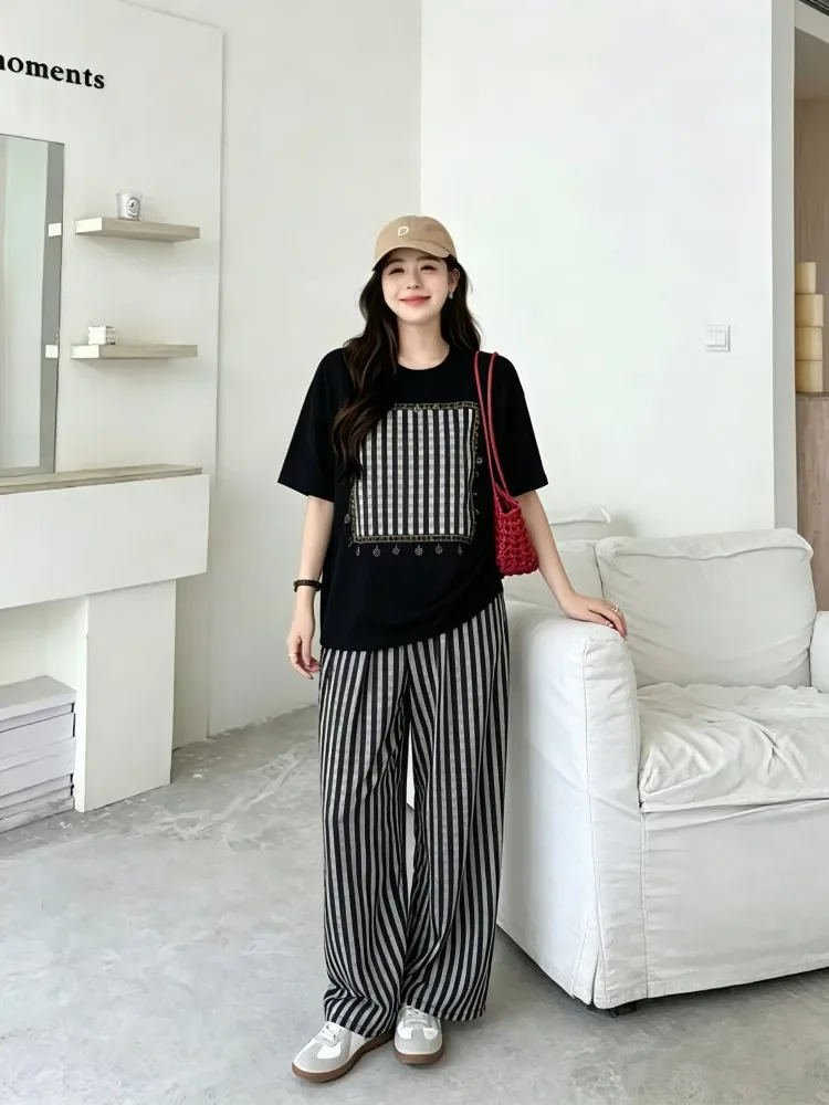 FADFAD Setelan atasan lengan pendek + celana panjang dengan gaya modis untuk wanita