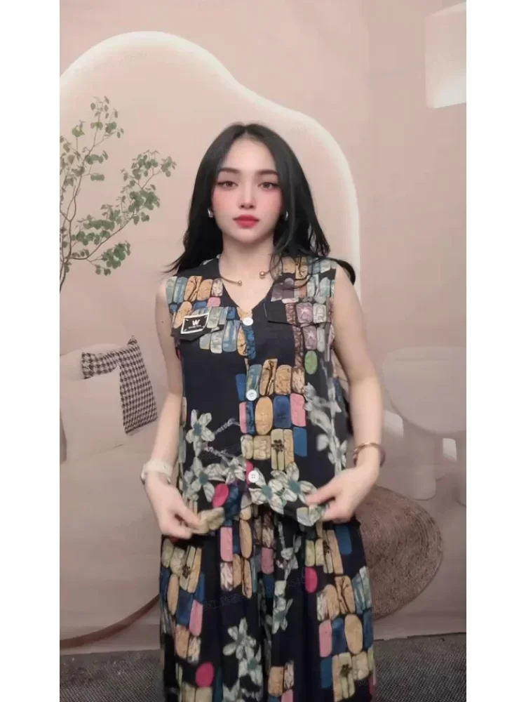 FADFAD Setelan wanita dua potong atasan rompi tanpa lengan dengan kancing dan celana panjang lebar
