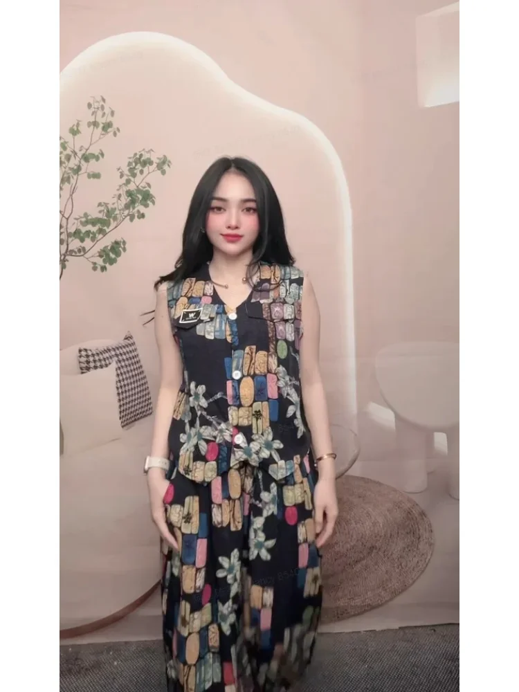 FADFAD Setelan wanita dua potong atasan rompi tanpa lengan dengan kancing dan celana panjang lebar